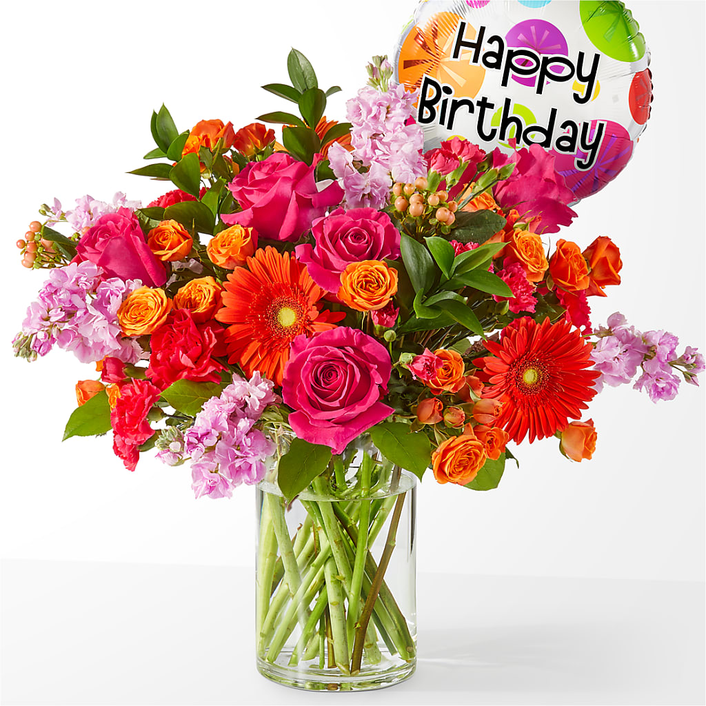 Fiesta Bouquet with Birthday Balloon – MEME'S FLOWER SHOP LLC, Bay Minette AL