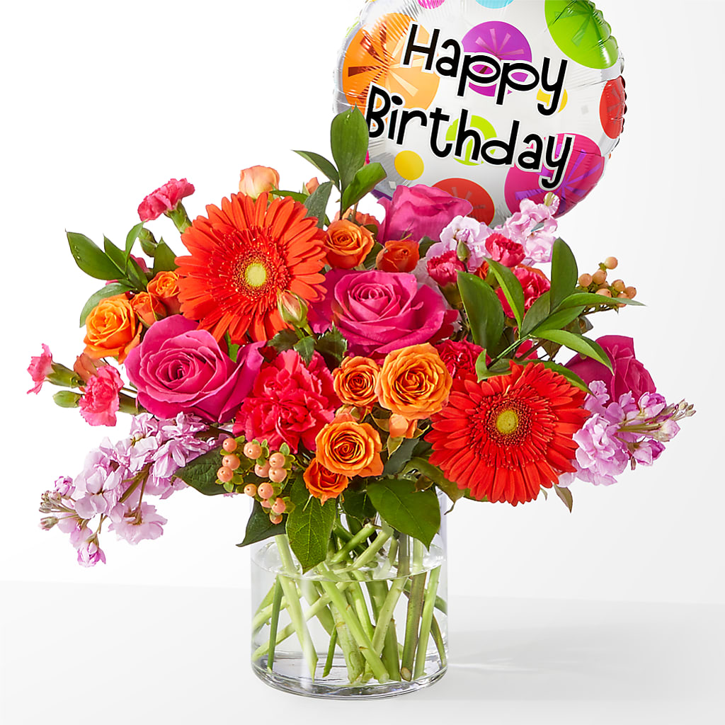 Fiesta Bouquet with Birthday Balloon – MEME'S FLOWER SHOP LLC, Bay Minette AL