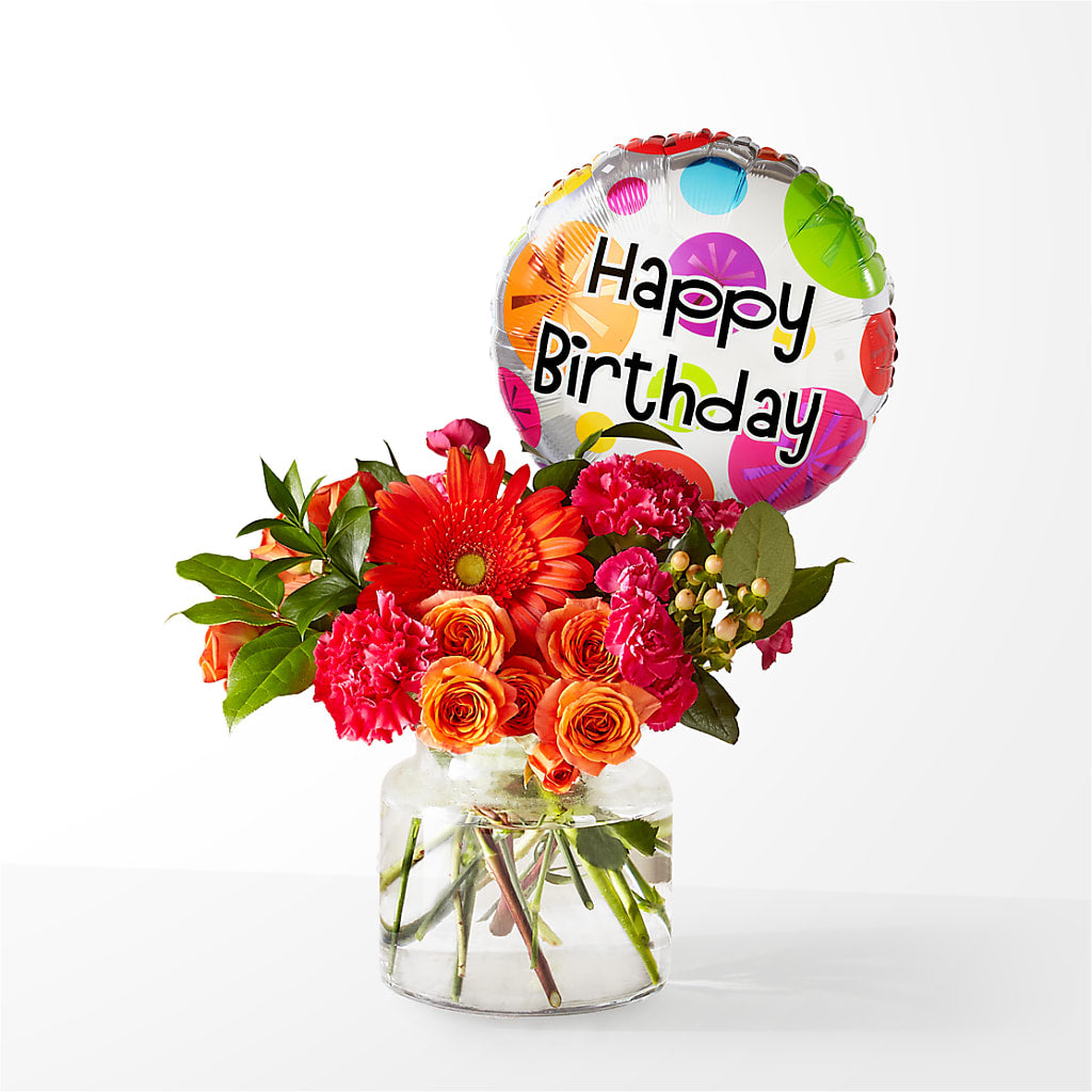 Fiesta Bouquet with Birthday Balloon – MEME'S FLOWER SHOP LLC, Bay Minette AL