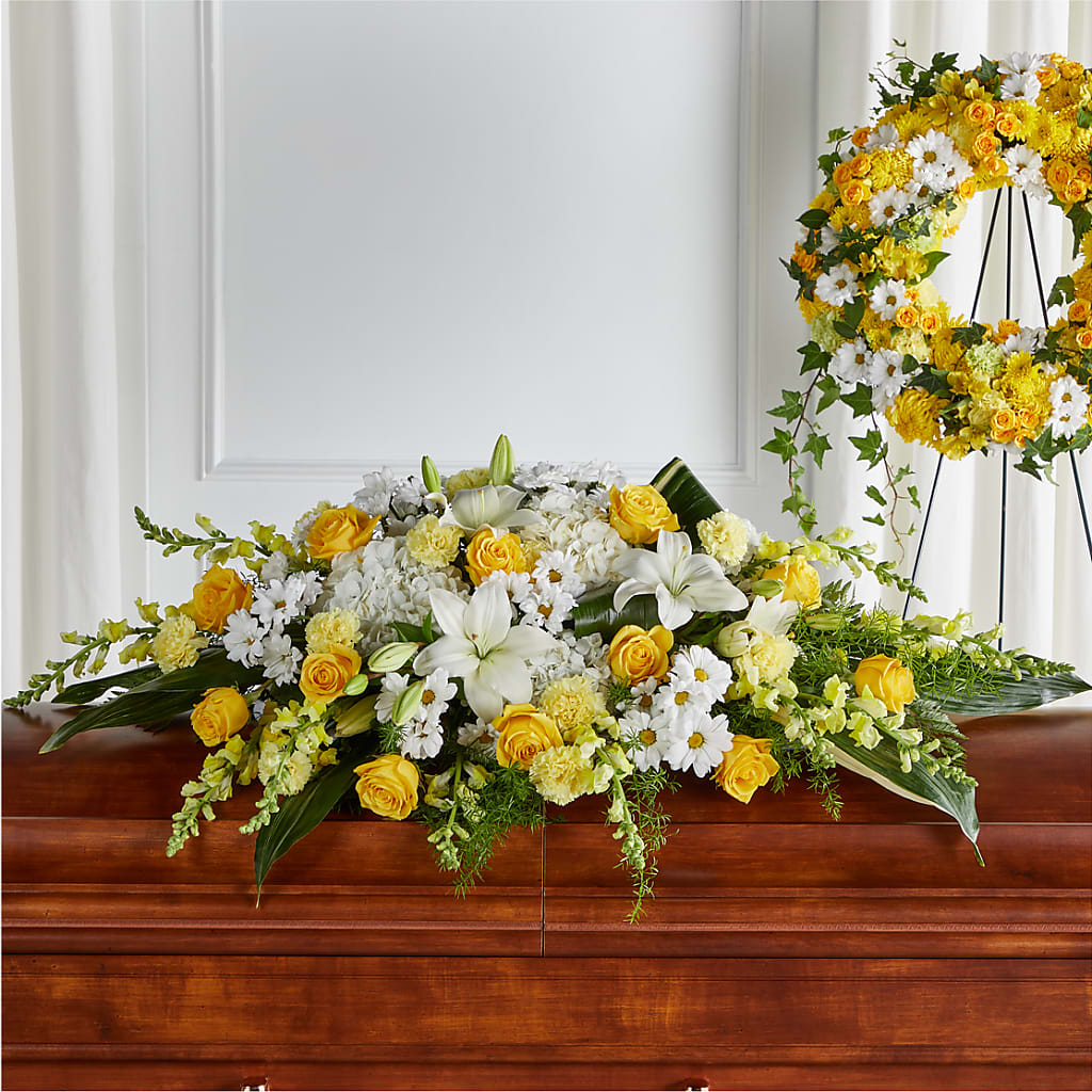 Golden Harmony Casket Spray – MEME'S FLOWER SHOP LLC, Bay Minette AL