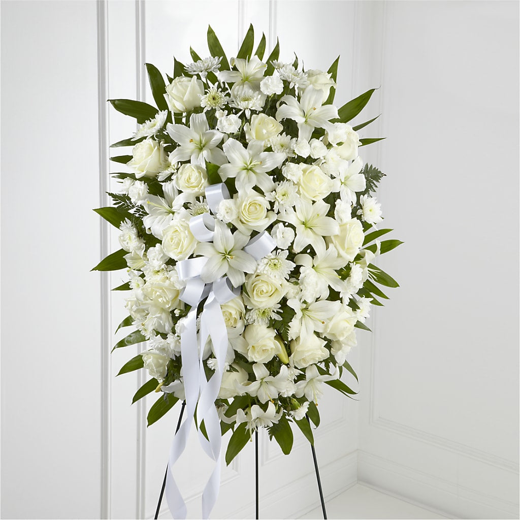Exquisite Tribute Standing Spray-White Ribbon – MEME'S FLOWER SHOP LLC, Bay Minette AL